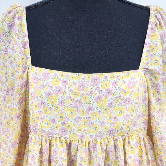 Storia Puff Sleeve Babydoll Mini Dress Size Large White Pink Yellow Floral - Picture 2 of 11